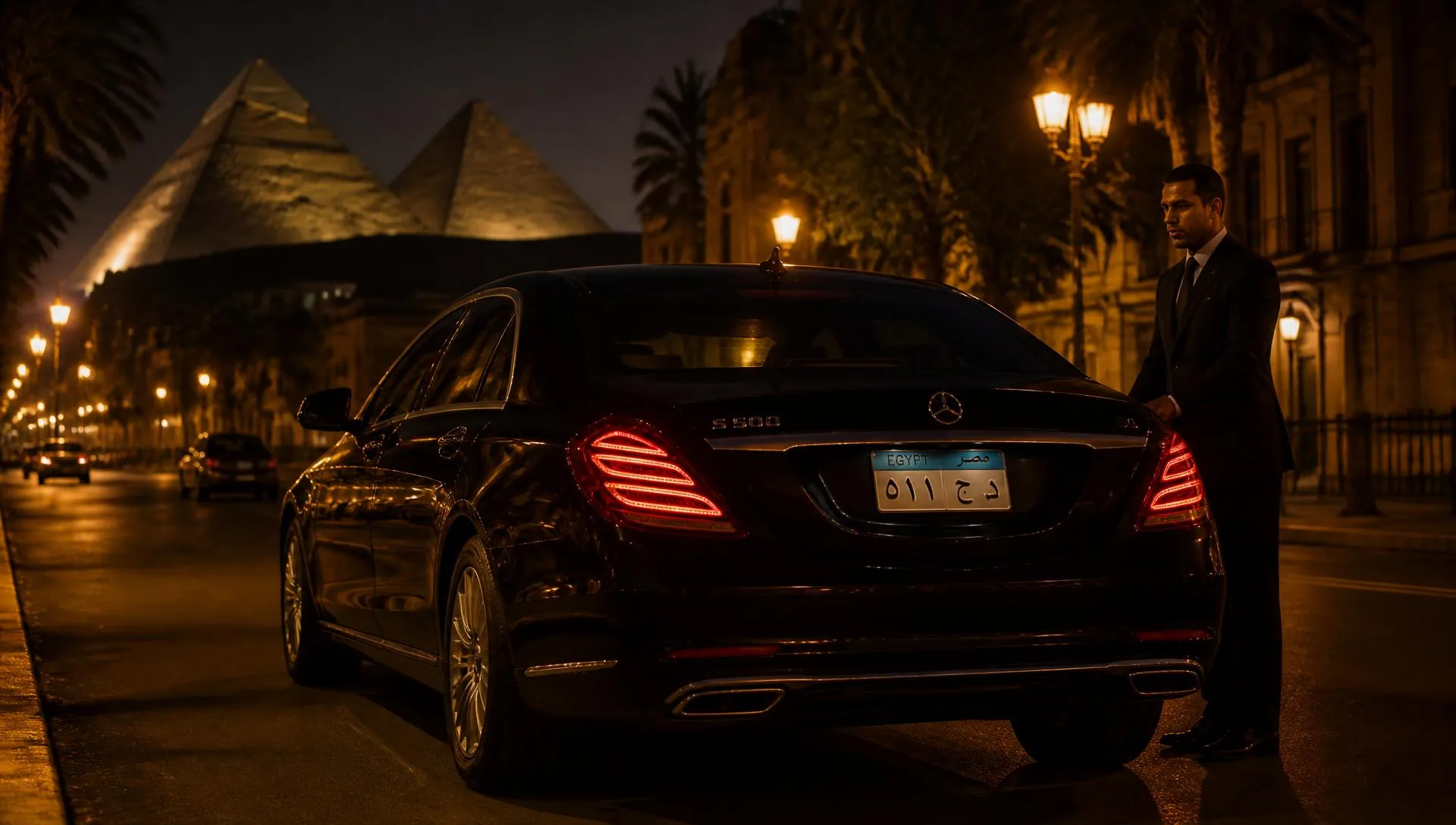 Chauffeur beside a black executive sedan in Cairo at night